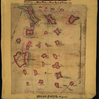 波托马克河南岸联邦军堡垒的等高线，1862 年（地图）。LOC gvhs01.vhs00242 作者 罗伯特·诺克斯·斯登