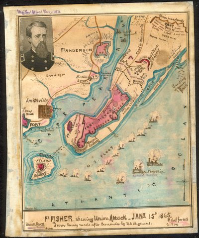 1865 年 1 月 15 日，费舍尔堡显示（原文如此）联军的进攻情况 来自美国工程师在投降后进行的勘测。LOC gvhs01.vhs00185 作者 罗伯特·诺克斯·斯登
