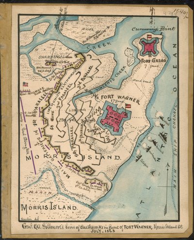 Q. A. Gillmore将军在南卡罗来纳州莫里斯岛瓦格纳堡前的土方工程线，1863年7月 LOC gvhs01.vhs00152 作者 罗伯特·诺克斯·斯登