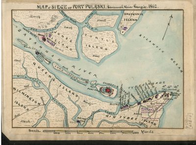 佐治亚州萨凡纳河普拉斯基堡围困战地图。1862.LOC gvhs01.vhs00085 作者 罗伯特·诺克斯·斯登