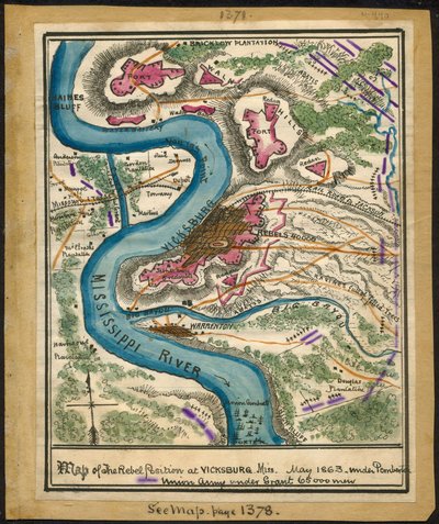 密西西比州维克斯堡叛军阵地地图，1863 年 5 月。LOC gvhs01.vhs00140 作者 罗伯特·诺克斯·斯登