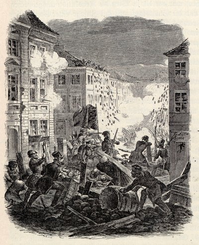 1848年3月18日至19日晚在柏林Cölln市政厅的街垒战斗。 作者 罗伯特·克雷奇默