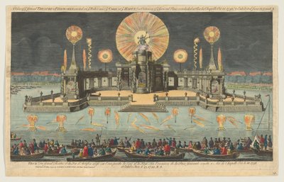 1794年10月在海牙法院附近的水面上建立的大剧院和烟花的景观。 作者 罗伯特·劳瑞