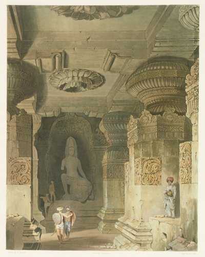 Ellora的Indra Subba洞穴寺庙的内部，来自印度风景，服饰和建筑的第二卷，由David Kebean（1796-1864）绘制，由Thomas Kearnan（fl.1821-50）和engrav蚀刻 作者 罗伯特·梅尔维尔·格林德利