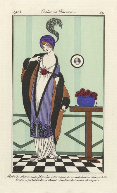 白色查米连衣裙，紫色雪纺上衣，绿色刺绣。 Etruscan Velvet Coat，来自Parisian Costumes，pub.1913（模版印花） 作者 罗伯特·皮切诺特