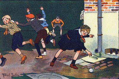 子弹打在墙上。 刻在“”我们在玩什么？ “” 由 E. Weber 绘制，罗伯特·塞勒斯（Robert Salles，1871-1929 年）的水彩画。 巴黎 Garnier Freres 图书馆 作者 罗伯特·萨尔斯