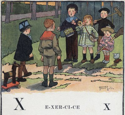 儿童读物《我会读书--一个爸爸的有条不紊的有趣的字母表》1926年。插图由罗伯特-萨勒斯（1871-1929）绘制。Abecedary：字母X作为练习。儿童玩军事游戏。 作者 罗伯特·萨尔斯