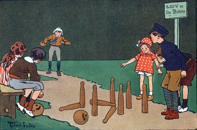 保龄球馆。 刻在“”我们在玩什么？ “” 由 E. Weber 绘制，罗伯特·塞勒斯（Robert Salles，1871-1929 年）的水彩画。 巴黎 Garnier Freres 图书馆 作者 罗伯特·萨尔斯