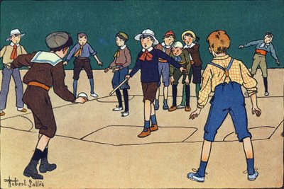 Theque (team game with ball and stick). Engraving in “” What are we playing? “” by E. Weber with watercolour drawings by Robert Salles (1871-1929). Librairie Garnier Freres, Paris 作者 罗伯特·萨尔斯