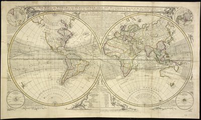 新版两半球世界地图，附有两位环球航海家丹皮尔（Dampier）和安森（Anson）的新发现和论述：根据最新的地理学家绘制，并根据安维尔和罗伯特两位航海家的著作进行了大幅改进 作者 罗伯特·塞耶