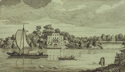 著名的波普先生在特威克纳姆的房子景观，约1750年（雕刻）。 作者 罗伯特·塞耶