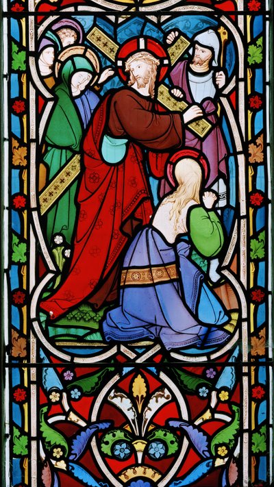 基督背着十字架和玛利亚抹大拉，1865年（彩色玻璃） 作者 罗伯特·特尼尔·拜恩