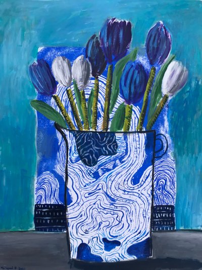 蓝白郁金香，约 2022 年（纸上丝网印刷油画） 作者 