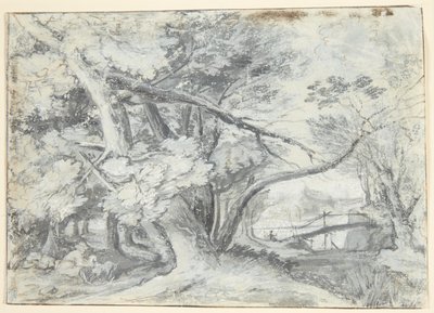 大树林地，树下有两人一狗。右边有一座桥 作者 Gillis van Coninxloo III