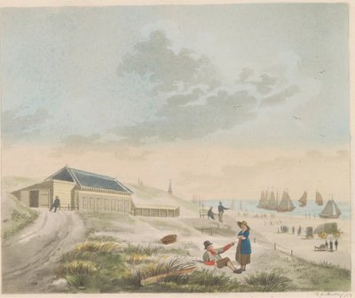 斯海弗宁根海滩，约 1825 年
斯海弗宁根海滩和沙丘风光及普龙克先生的澡堂/Vue du rivage et des dunes a Scheveninge et representation des Bains appartement à mons.r Pronk（标题在实物上） 作者 埃弗特·马斯坎普