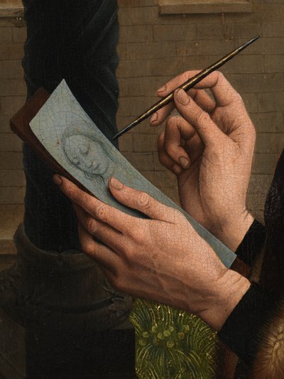 圣路加绘制圣母肖像的细节（面板油画） 作者 罗吉尔·范德（后）韦登