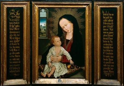 Salve Regina（Salve，O Queen，天主教祈祷），代表圣母和孩子拿着梨（木头油） 作者 罗吉尔·范·德·韦登