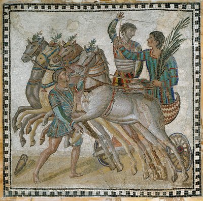 战车（quadriga）比赛，战车手在起跑位置，白马附近有一个马夫（在前景）--马赛克，3世纪 作者 Roman