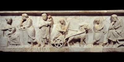 公元 150 年左右的 Marcus Cornelius Statius 石棺碎片 - 古罗马：罗马石棺的脸。 孩子从出生到学习的生活场景。 巴黎，卢浮宫 作者 小说