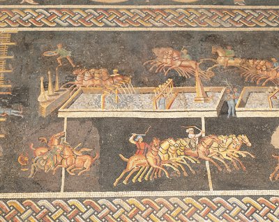 法国，里昂，描绘马戏团比赛、四马赛马的马赛克作品 作者 Roman