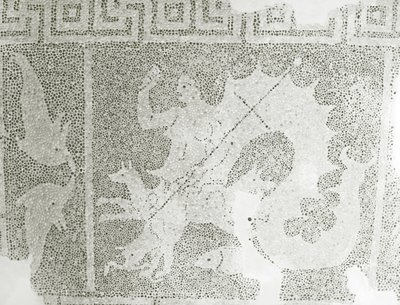 Scylla和Charybdis的希腊化的小卵石马赛克守卫海峡，Scylla细节。 House of Dionysos，帕福斯，塞浦路斯马赛克 作者 小说