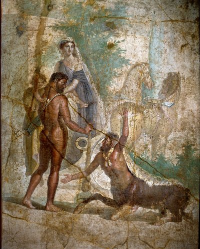 Hercules、Dejanire 和半人马 Nessus”” 半人马 Nessos 带走了 Dejanire，但 Hercules 刺穿了她的箭，这些箭从 Lerne 的 Hydra 的毒液中淬炼出来。 仿照公元前 3 世纪希腊原作的罗马壁画。 第一个 c 的开始 作者 小说