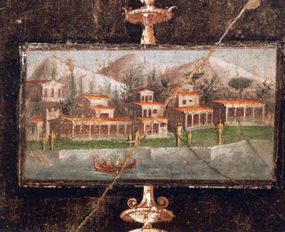 Landscape and architecture in wall painting in tablinum, House of Marco Lucrezio Fronto, Pompeii , Campania, Roman Civilization 作者 小说