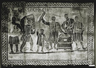 罗马艺术：测量谷物（玉米）。盖乌斯-格拉库斯（Gaius Gracchus）的玉米津贴......，公元 2 世纪（马赛克）。 作者 小说