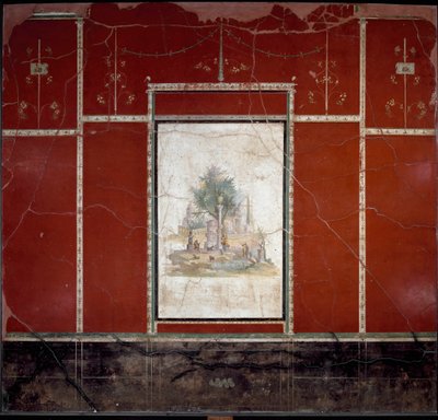 罗马艺术。归功于阿曼多大师的壁画 "Bucolic landscape and sacred" 来自Boscotrecase，Agrippa Postumo的别墅。1世纪。Dim.153x98厘米 那不勒斯，国家考古博物馆 作者 小说