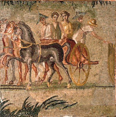 罗马艺术。古代的坦克竞赛。3世纪的马赛克。马德里，国家考古博物馆。 作者 Roman