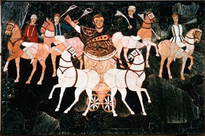 罗马执政官尤利乌斯-安尼乌斯-巴苏斯（Iulius Annius Bassus）在一个可追溯到4世纪的Sectile opus板的细节四边形上表示。朱尼乌斯-巴苏斯大教堂（Basilica Iunii Bassi），罗马的埃斯基林。保存在罗马Conservatori博物馆。 作者 Roman