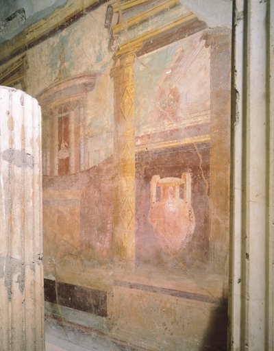 壁画细节在 triclinium 大厅里，迷宫之家，庞贝城，坎帕尼亚，罗马文明 作者 罗马罗马