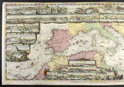 地中海地图，插图上有寓言人物和海怪，出自 Charles Pene 和 Pieter Mortier 的《法国海王星和阿特拉斯海事》和《海王星弗朗索瓦组曲》 作者 罗曼·德·豪格