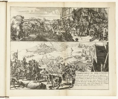 两幅关于帕尔马公爵围攻安特卫普的作品，1584-1585 年
开始围攻安特卫普（物品上的标题）
佛兰德斯战争（系列标题） 作者 唐璜德莱德斯玛