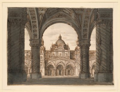 舞台设计，教堂门面，Felice Romani的I due Valdomiri，Pietro de Winter的音乐。1818年在米兰的斯卡拉演出。 作者 罗莫洛·阿奇里·利夫拉尼