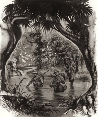 澳新军团士兵在二战巡逻中穿越丛林河流（水粉画纸） 作者 罗恩·恩布尔顿