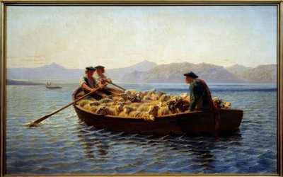 改变放牧。 牧羊人登上羊群，将它们带到对岸。 Rosa Bonheur (1822-1899) 的绘画 作者 粉红色的快乐