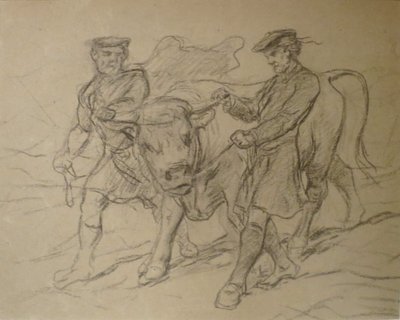 Rosa Bonheur 创作的《两个牵牛的人》，黑色粉笔画，哥伦布艺术博物馆 作者 粉红色的快乐