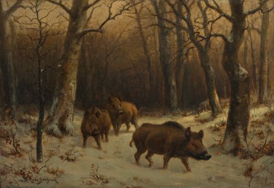 雪中野猪，约1872-77（木板油画 作者 粉红色的快乐