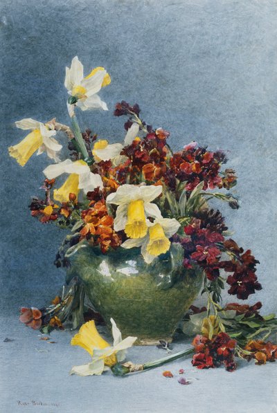 绿色花瓶中的水仙花和壁花，1890年 作者 罗斯·梅纳德·巴顿