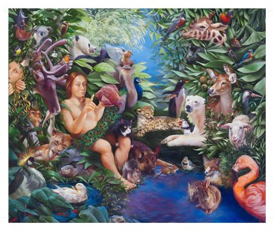 亚当为动物命名和夏娃的出现，2011 年（布面油画） 作者 罗斯玛丽·阿德科克