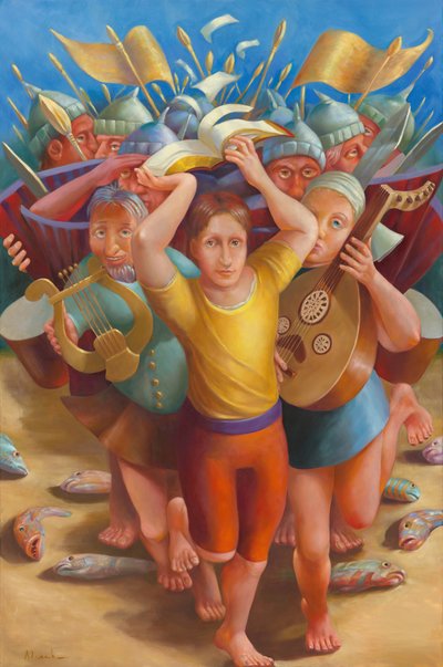 穿越约旦河，2011 年（布面油画） 作者 罗斯玛丽·阿德科克