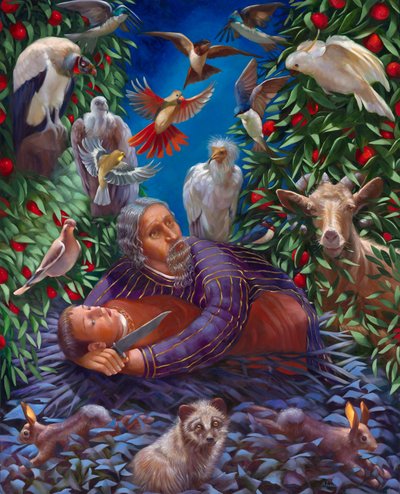 以撒回到父亲亚伯拉罕身边 2013（布面油画） 作者 罗斯玛丽·阿德科克