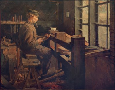 工作中的荷兰木头车工（Blokje-Maker）。 作者 Rudolf Gudden