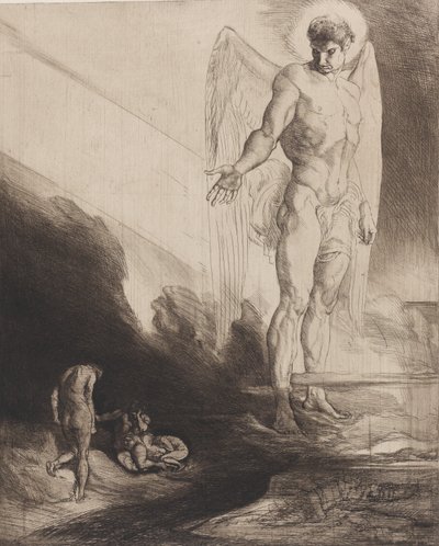 路西法放弃该隐的命运，来自拜伦《该隐》的八幅蚀刻画，1919-1920。 作者 鲁道夫·杰特玛