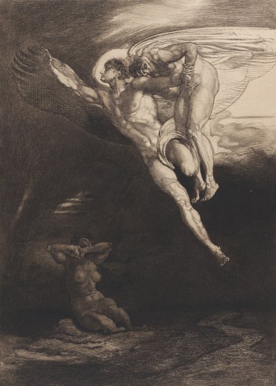 路西法携带该隐进入有限空间，来自拜伦《该隐》的八幅蚀刻画，...，1919-1920。 作者 鲁道夫·杰特玛