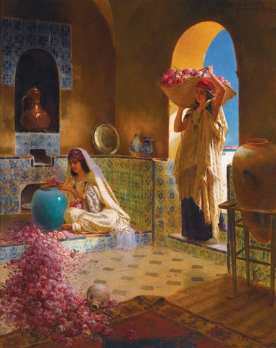 Les parfumeuses - 香水制造商 - Rudolf Ernst (1854-1932)。 木版油画尺寸：55,5x45 cm 私人收藏 作者 鲁道夫·恩斯特