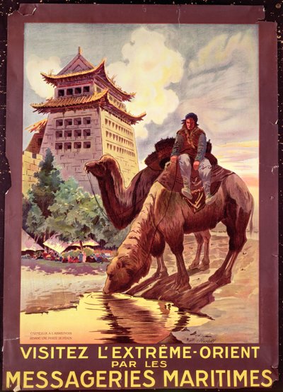 骆驼在Pekin盖茨面前浇水，宣传&39;Messageries Maritimes&39;，c.1920（彩色光刻） 作者 Ruedolf