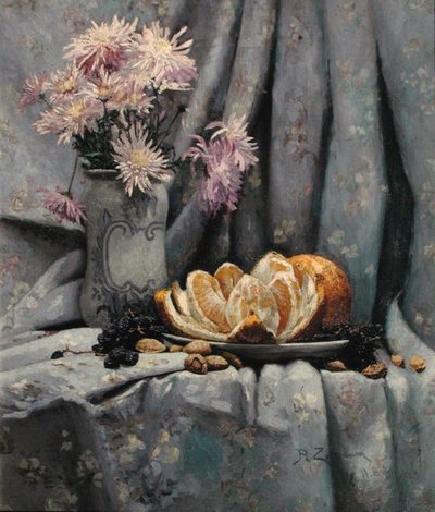 菊花和一个开放的橘子（布面油画） 作者 鲁弗斯·费尔柴尔德·佐格鲍姆（Rufus Fairchild Zogbaum）