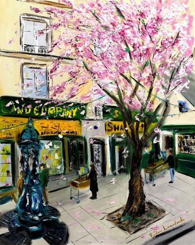 巴黎莎士比亚书店的樱花--金色点缀，2023 年（布面油画） 作者 鲁斯拉娜·莱万多夫斯卡